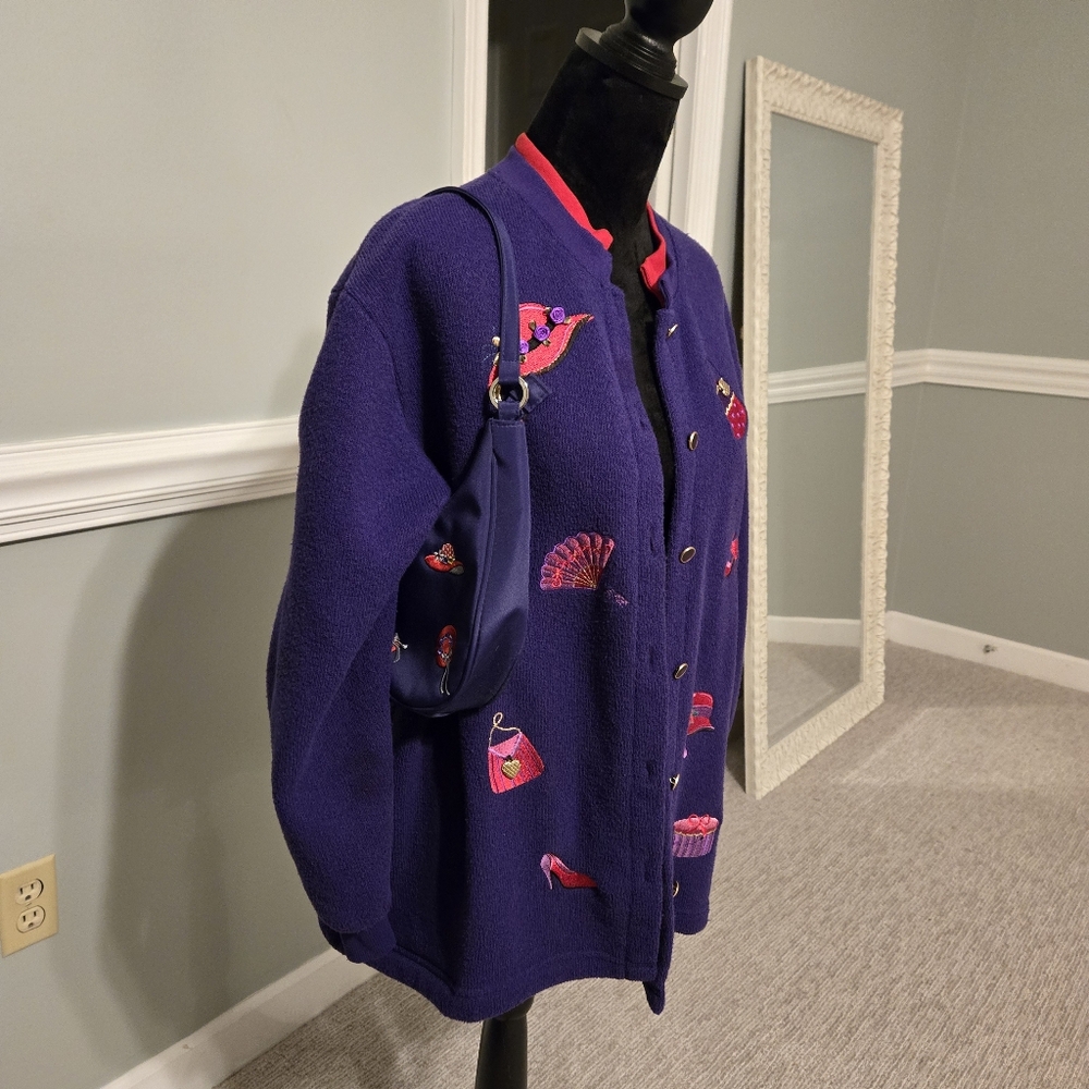 Bon Worth Vintage Purple Red Hat Society sweater cardigan with purse handbag - Picture 2 of 13